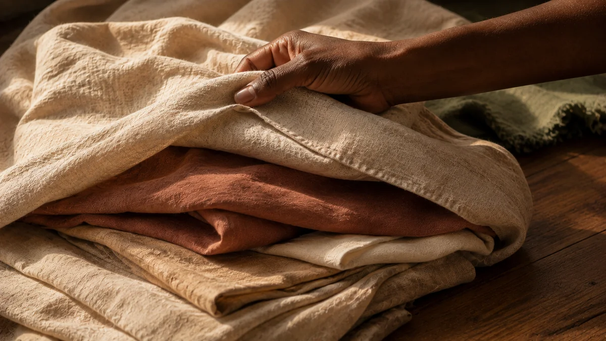 How the Body's Patterns Can Change Over Time A hand gathering folded layers of linen in warm light, representing how the body's patterns can shift and open over time.